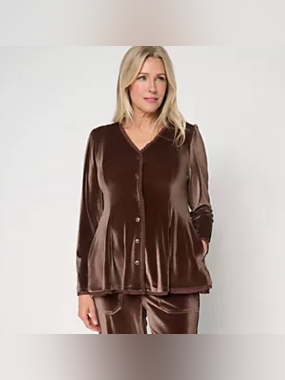 LOGO Lavish by Lori Goldstein Button Front Knit Velvet Top in chicory coffee